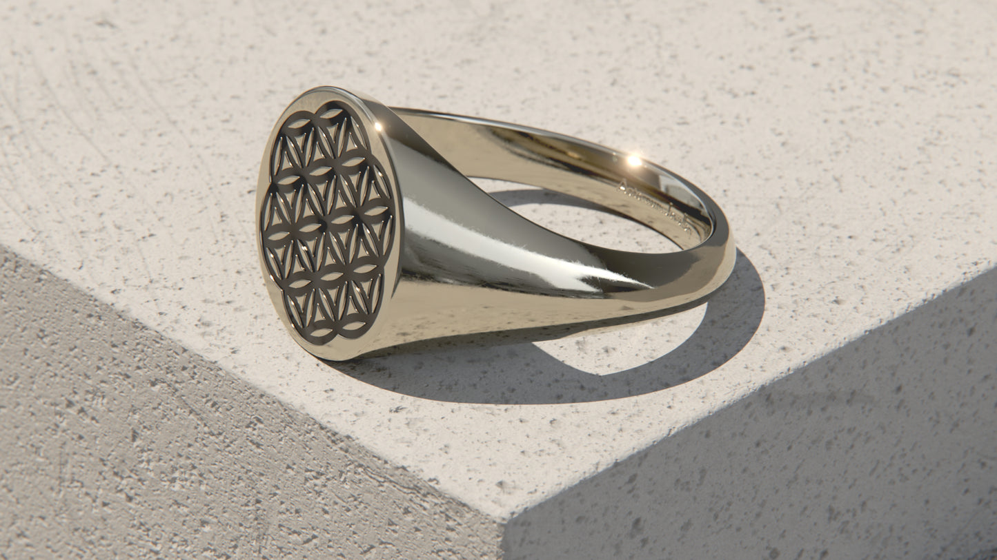 Flower of Life Signet Ring - 9ct & 14ct White Gold