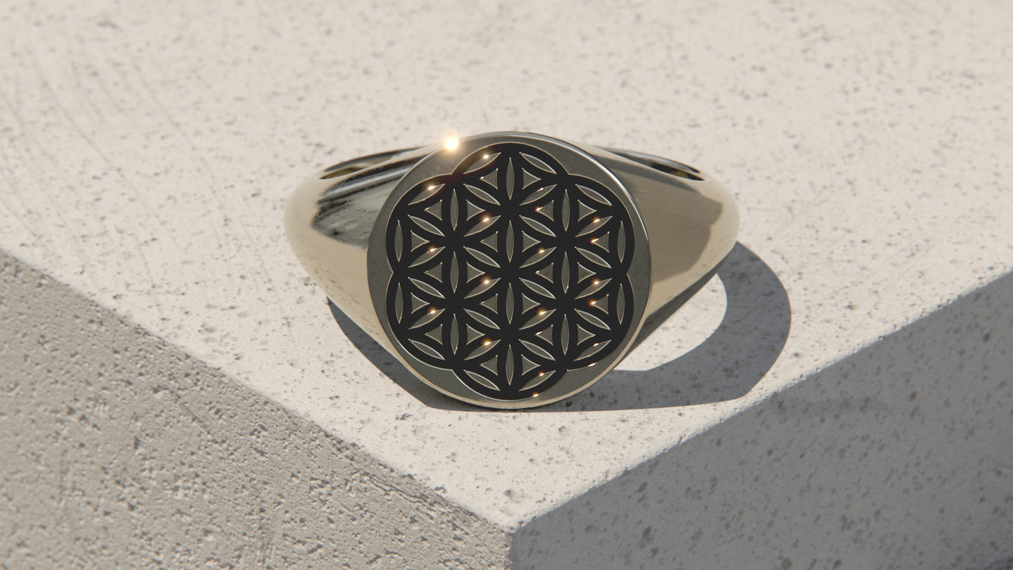 Flower of Life Signet Ring - 9ct & 14ct White Gold