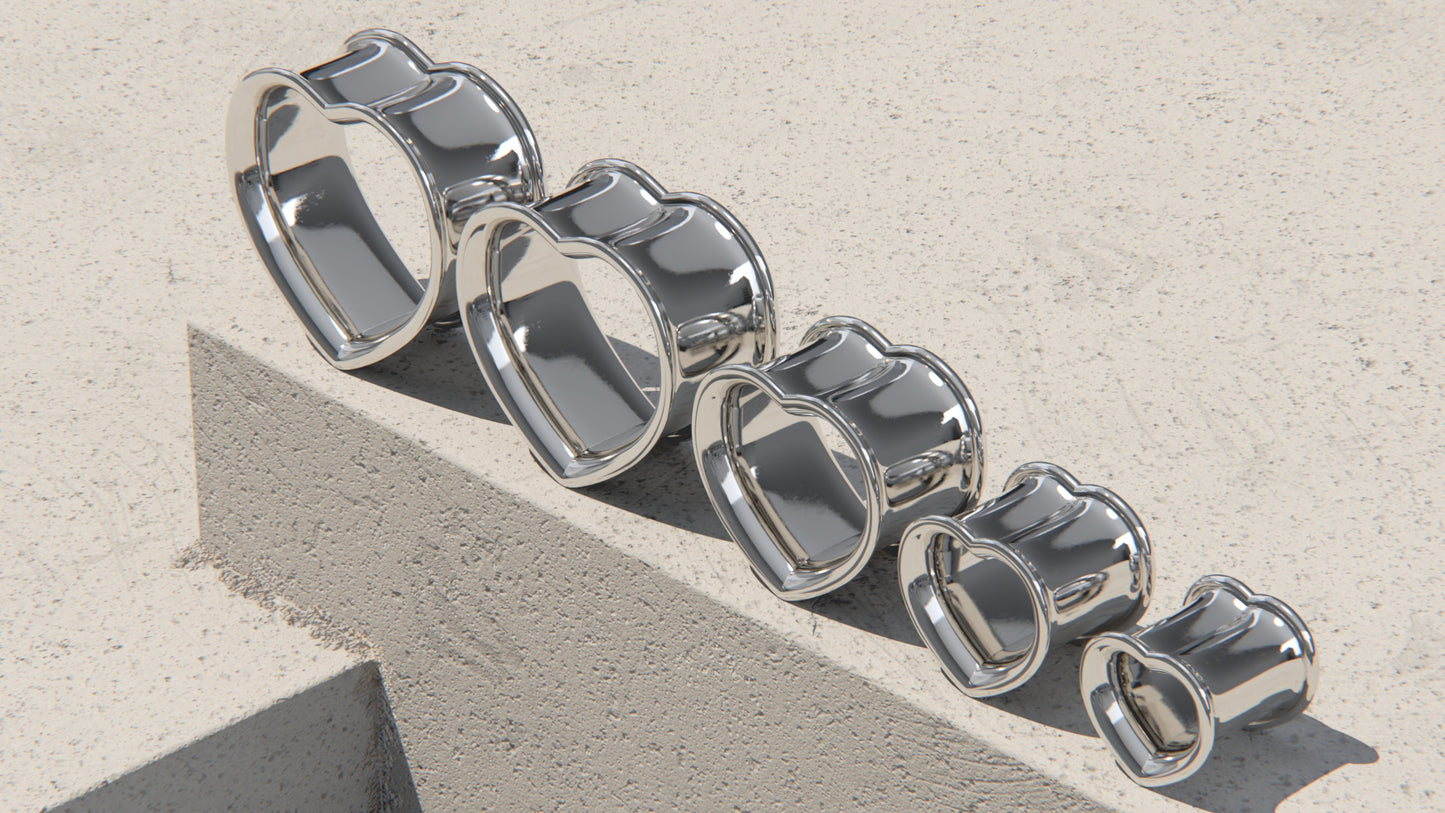 DOUBLE FLARE HEART SHAPED EAR TUNNELS - Sterling Silver