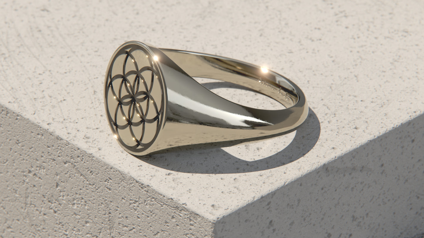 SEED OF LIFE SIGNET RING - 9ct & 14ct White gold