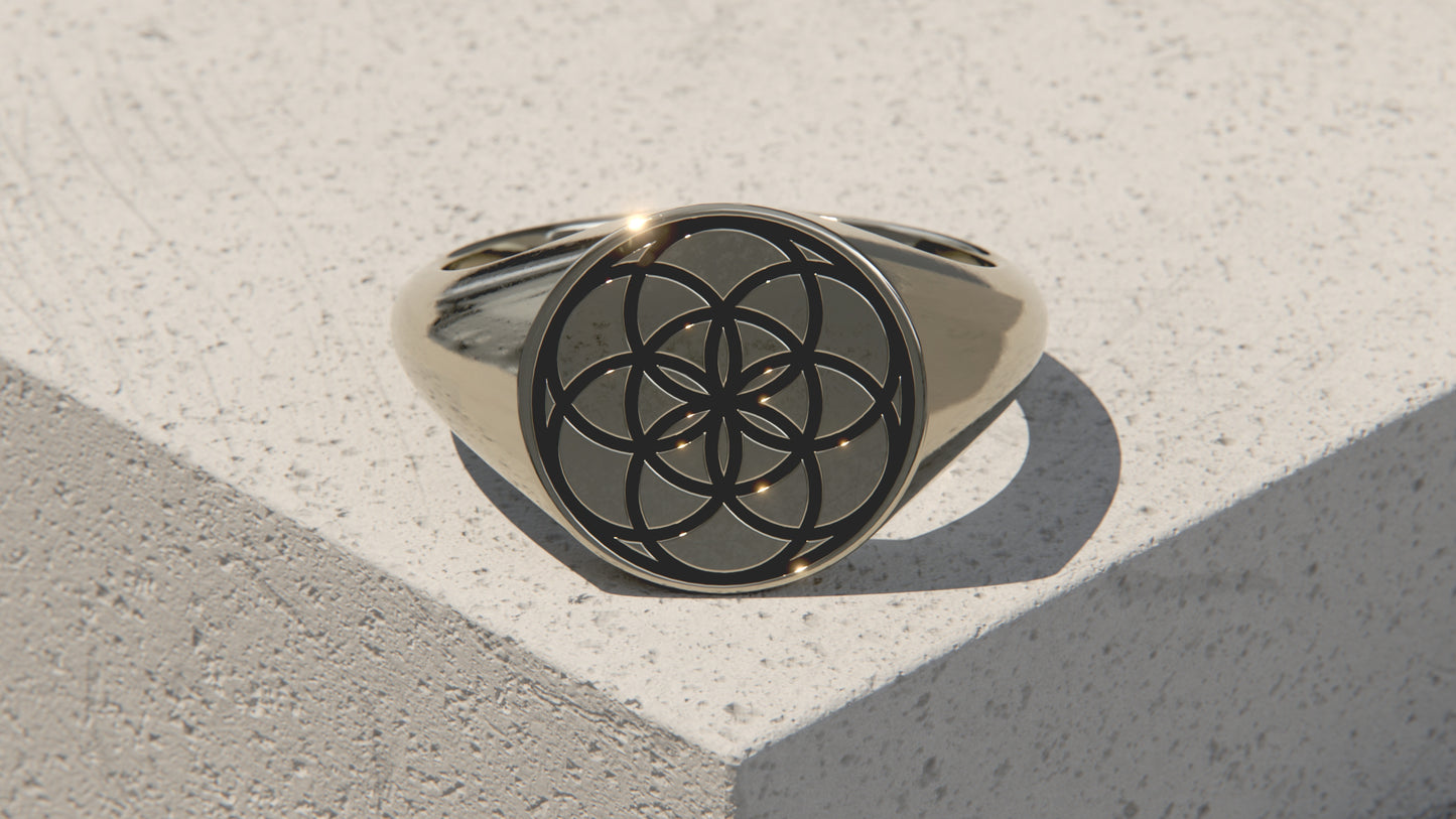 SEED OF LIFE SIGNET RING - 9ct & 14ct White gold
