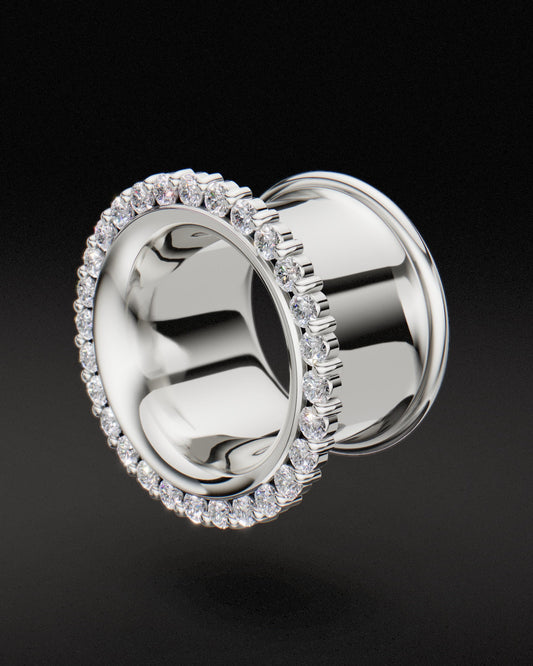 DIAMOND SET DOUBLE FLARE EAR TUNNELS - 9ct & 14ct White Gold - Lab Grown Diamonds