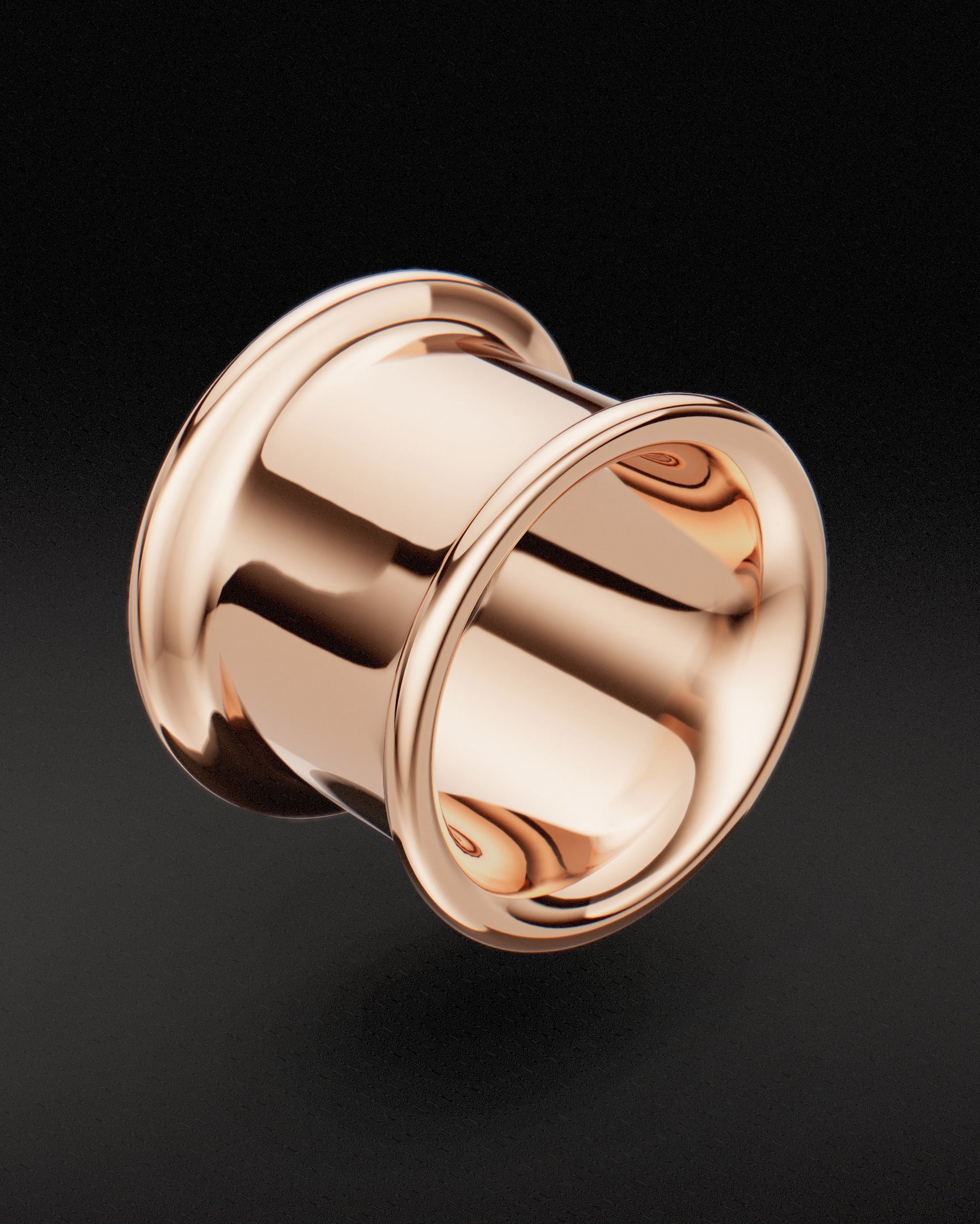 Polished 9ct rose gold ear tunnel showing back flare, three-quarter view
