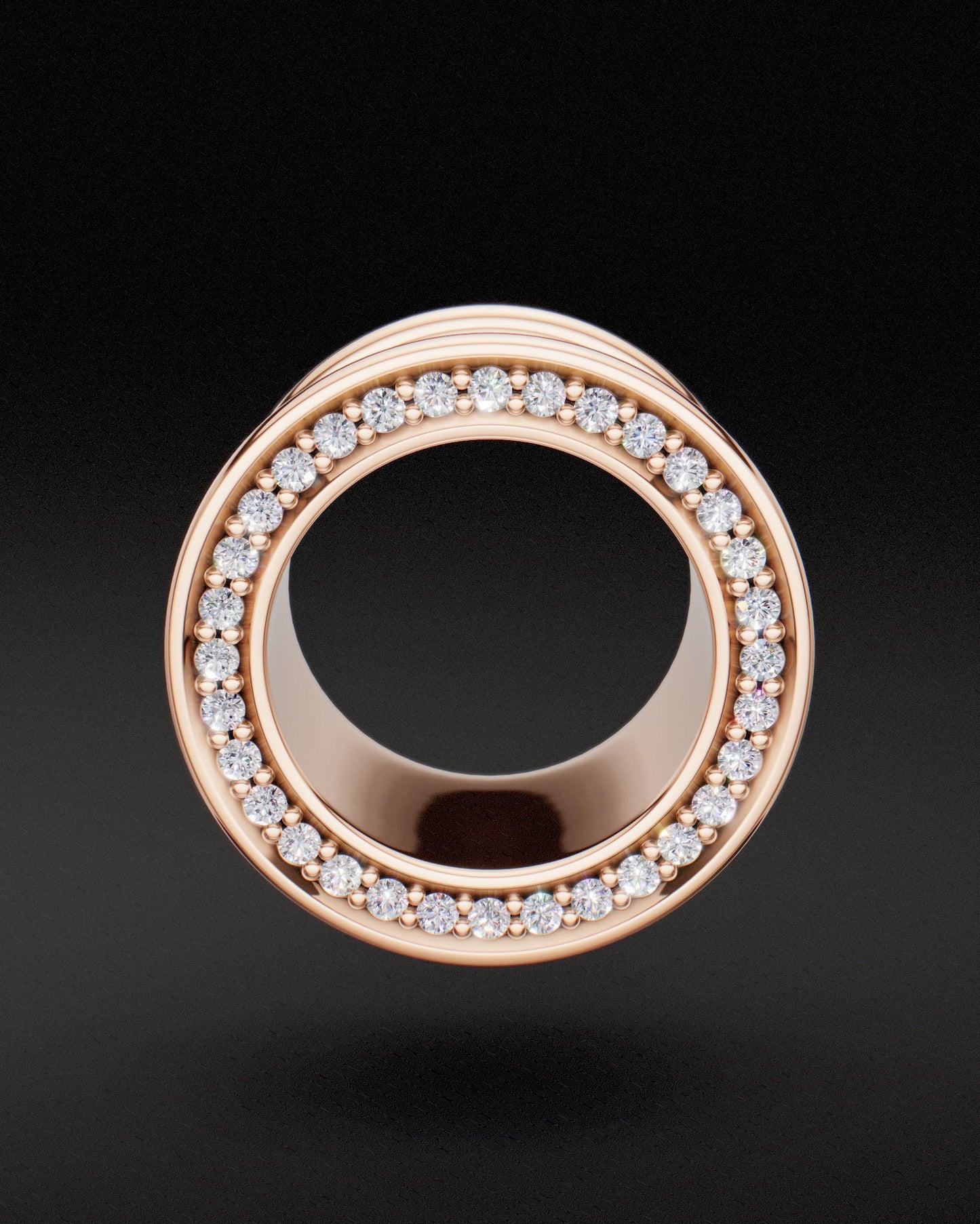 Diamond set 9ct rose gold ear tunnel, front view