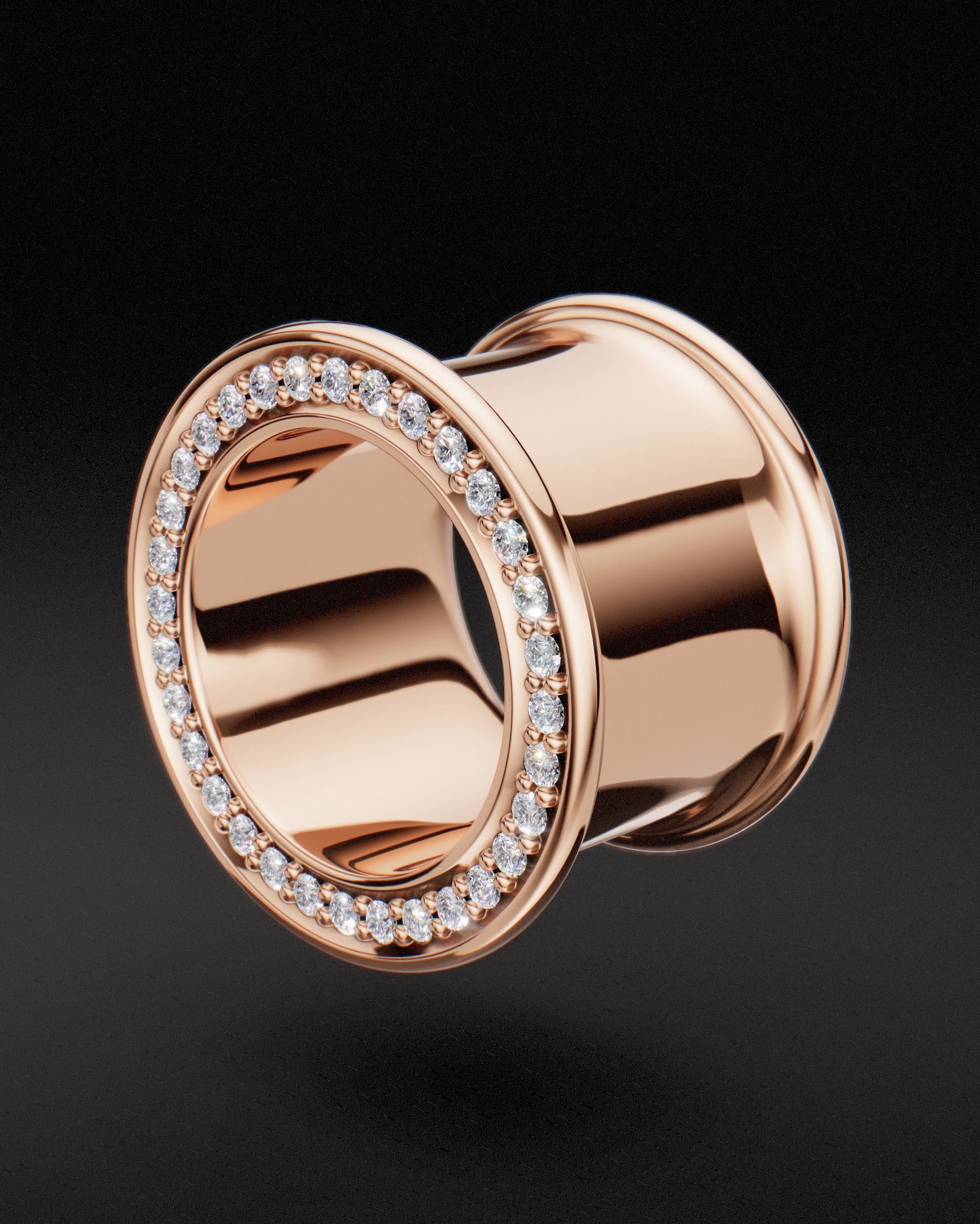 Rose gold diamond set ear tunnel, three-quarter view