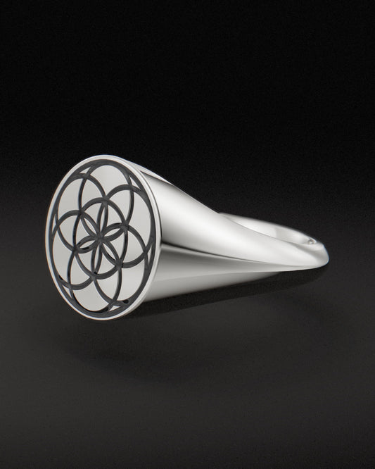 SEED OF LIFE SIGNET RING - 9ct & 14ct White gold